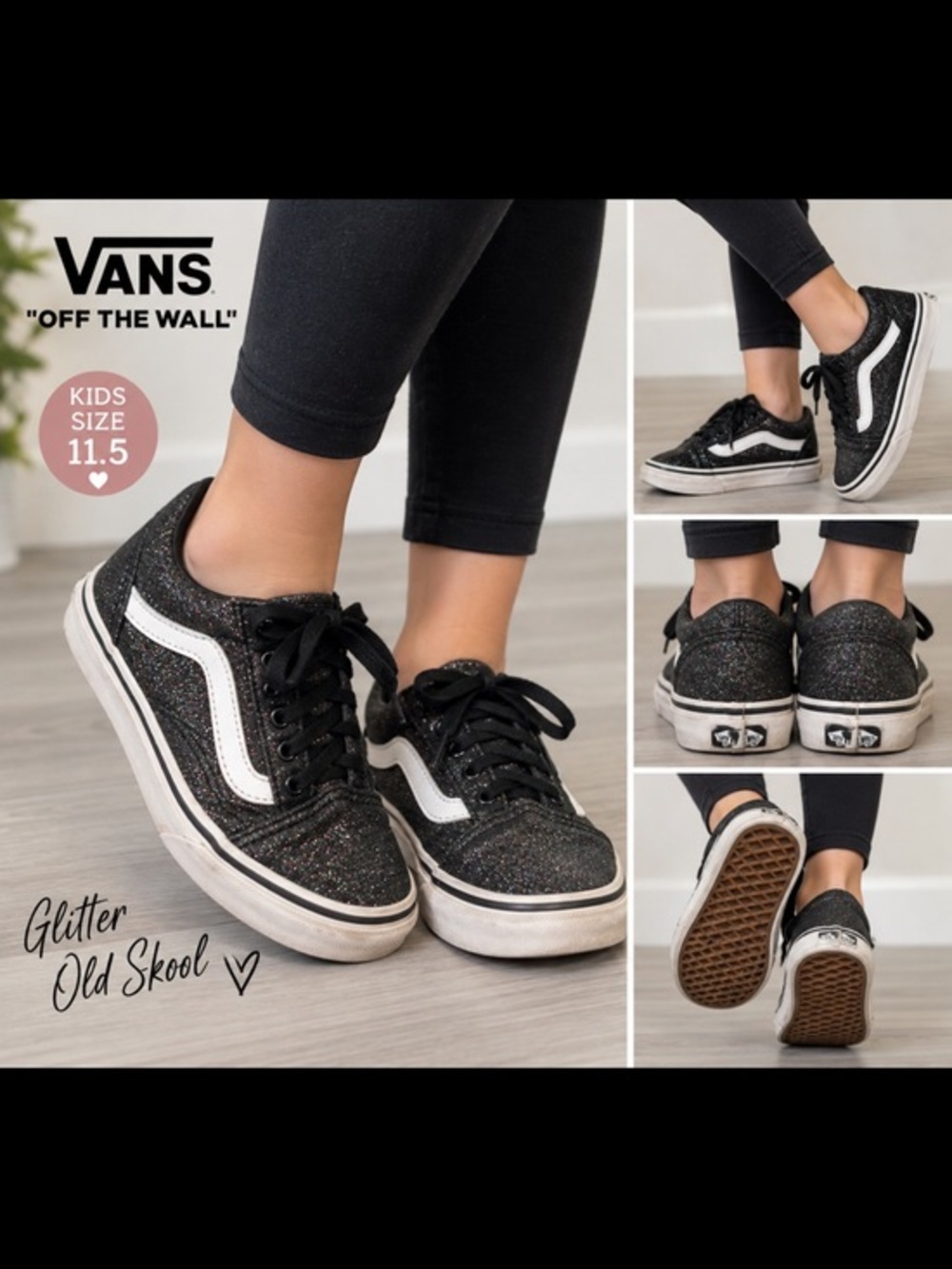 Vans Old Skool Black Glitter Sparkle Sneakers Kids Size 11.5